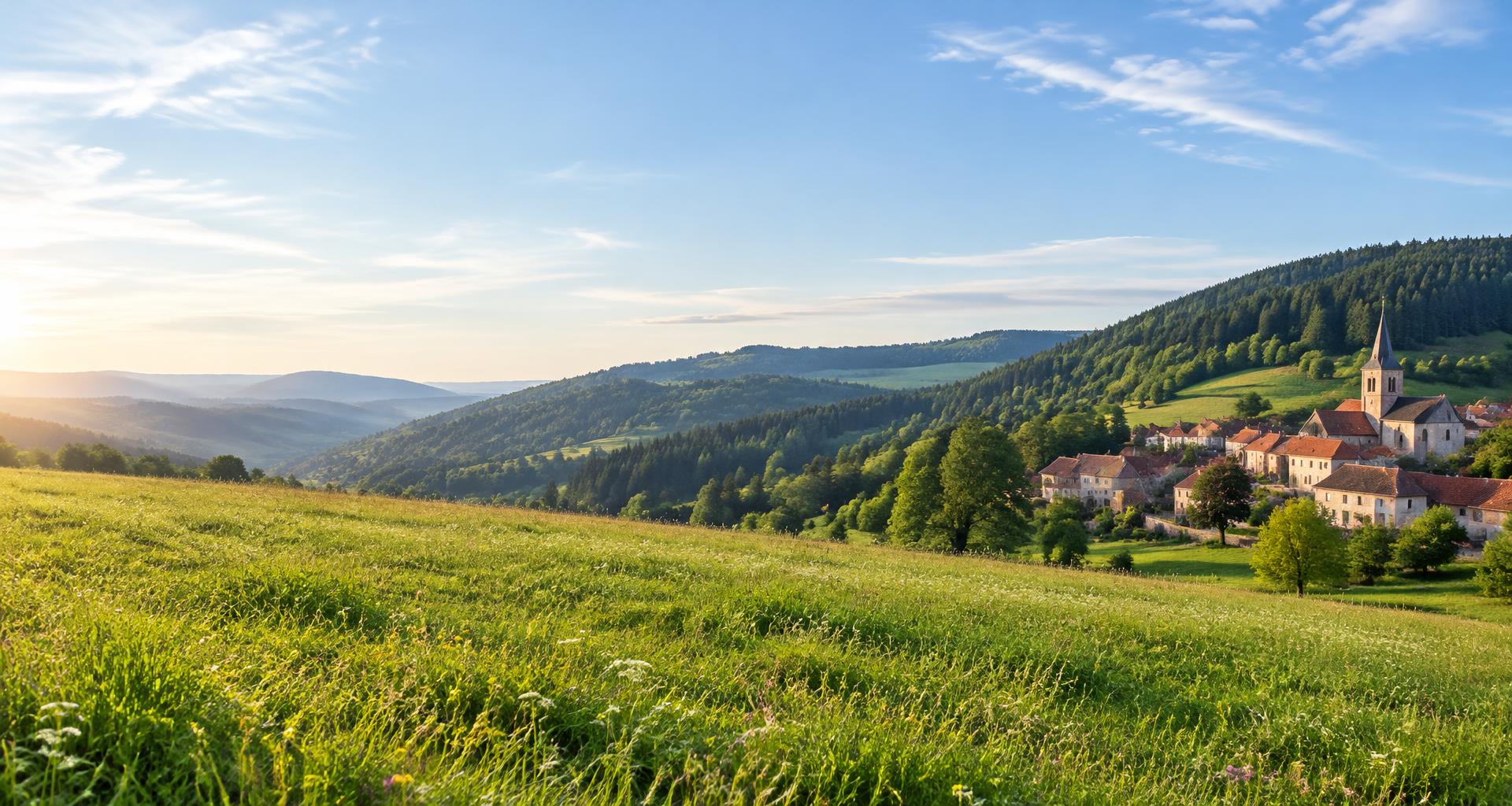 Paysage illustratif des Vosges, entre prairies et forêts